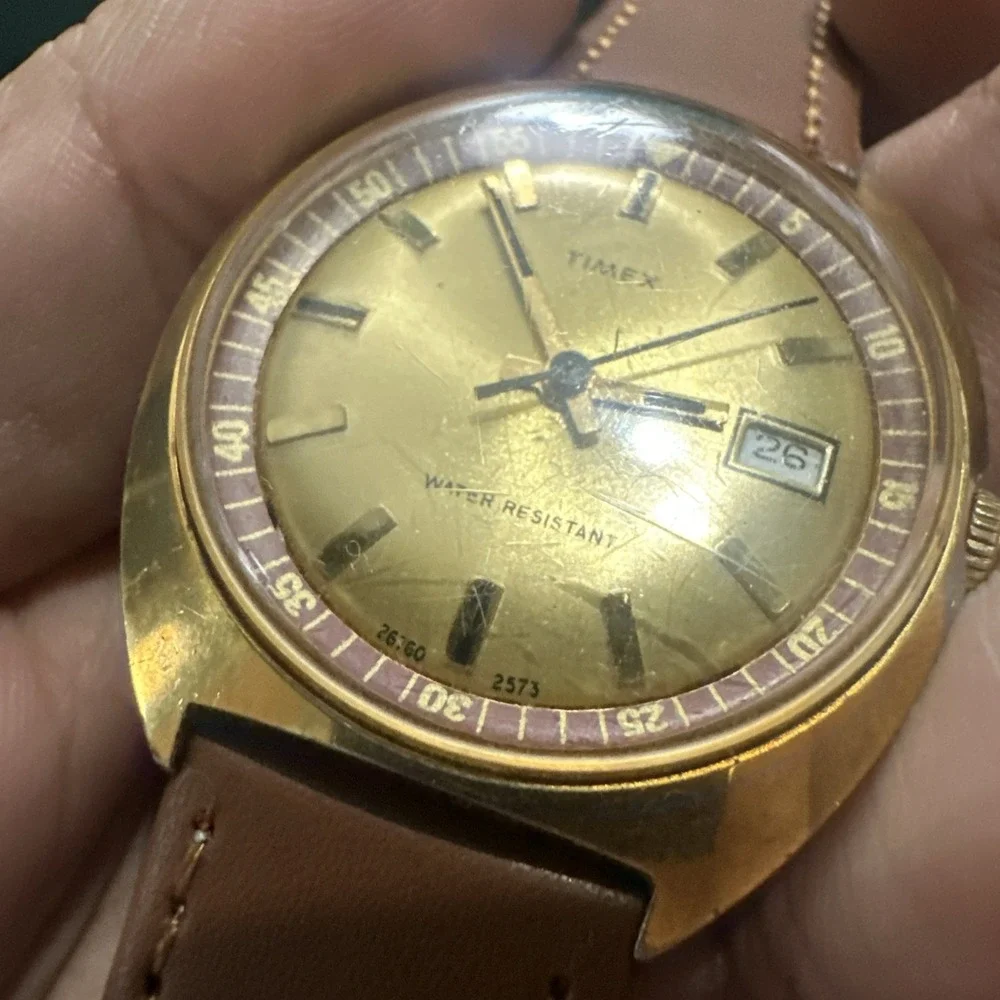 Works Vintage 1973 Timex Marlin Gold Tone Date 34mm Mens Watch Manual Wind Rare